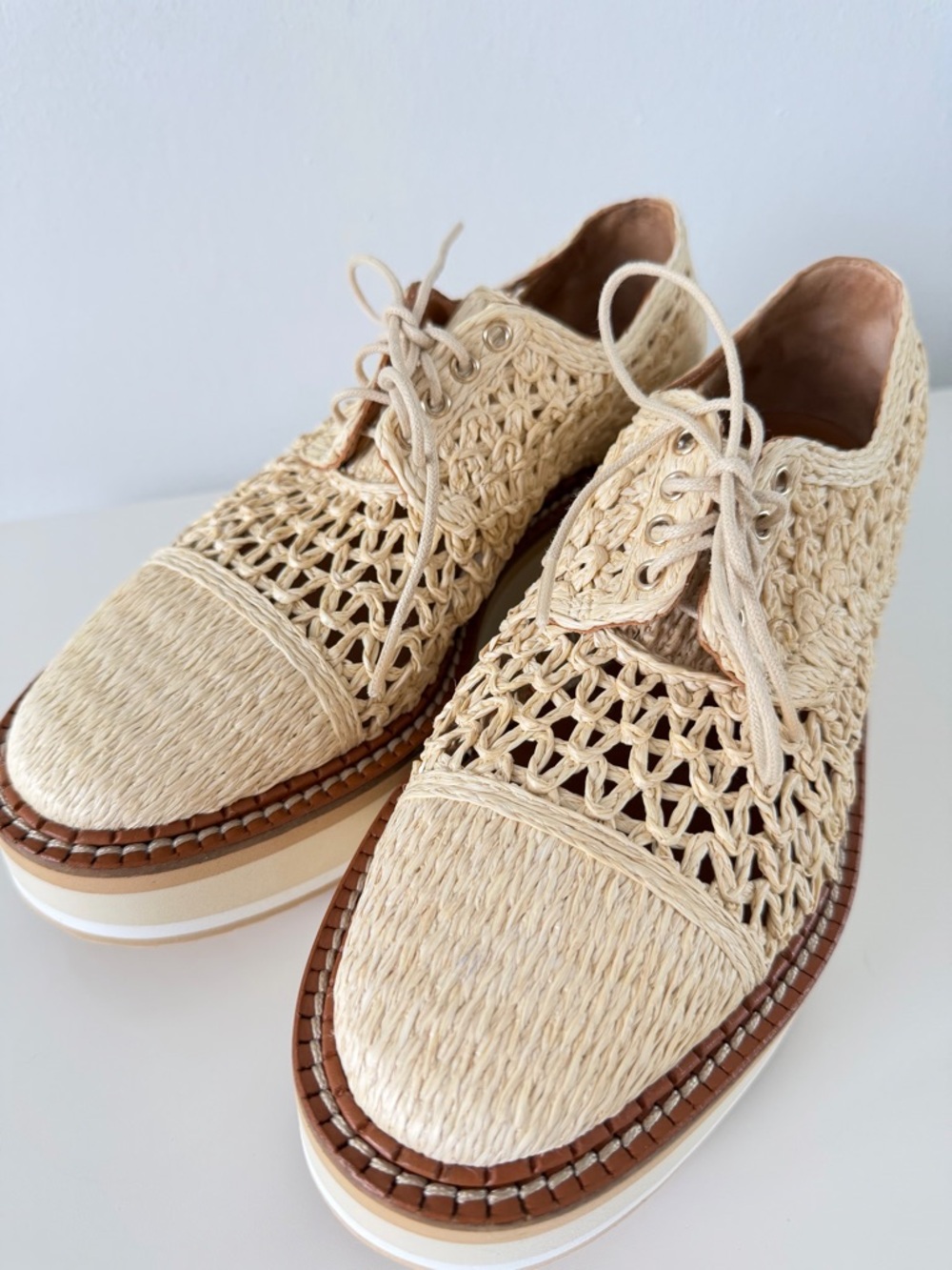 Clergerie Borril Raffia Platform Oxfords Cream Lace-Up EU 36.5 US 6 - 6.5 - Picture 2 of 14